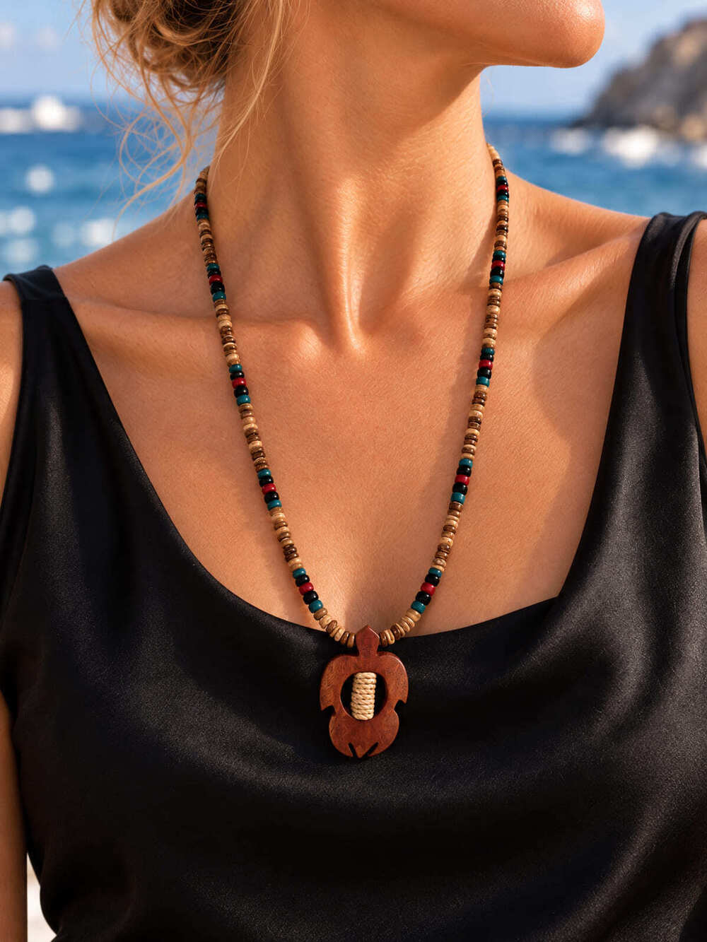 ⚜️ Beaded Necklace | Southwestern-Style | Carved Wood-Look Sea Turtle 💗